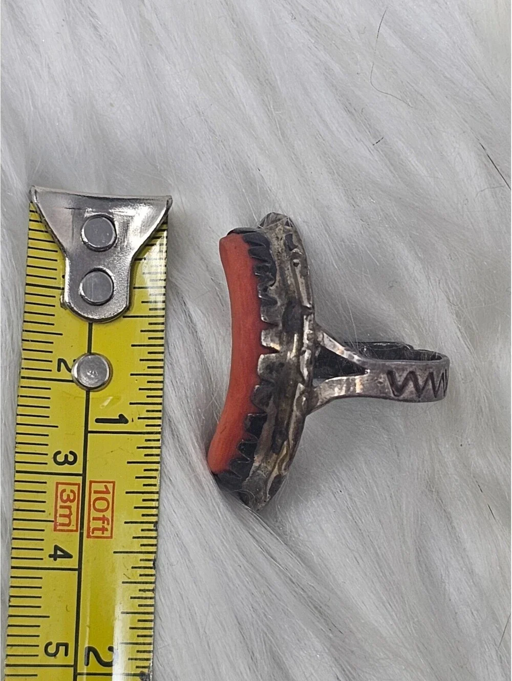 Vintage Southwestern 925 Silver Red Coral Curved Ring
